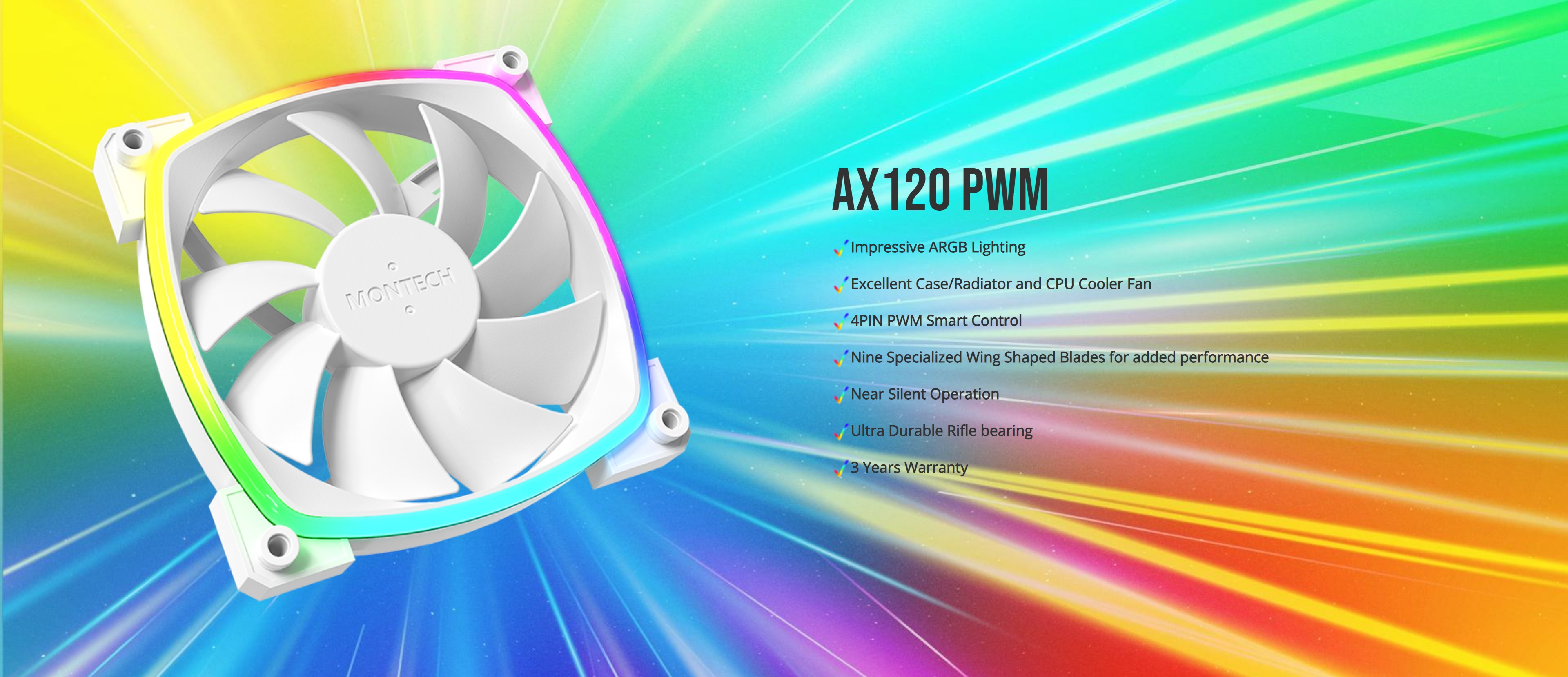 A large marketing image providing additional information about the product Montech AX120 3 Pack - ARGB PWM 120mm Fans (White) - Additional alt info not provided